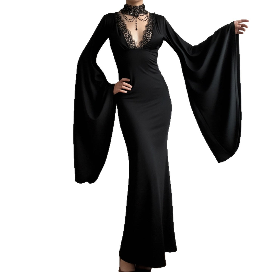 Damen Maxikleid mit tiefem V-Ausschnitt, Spitzenbesatz und dramatischen Wasserfallärmeln Echo Archiv