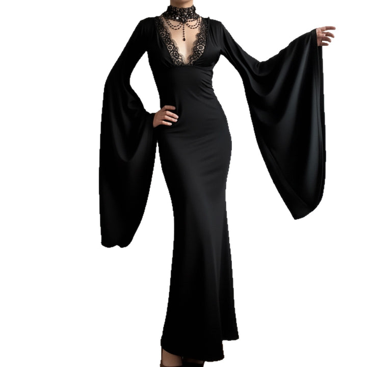 Damen Maxikleid mit tiefem V-Ausschnitt, Spitzenbesatz und dramatischen Wasserfallärmeln Echo Archiv