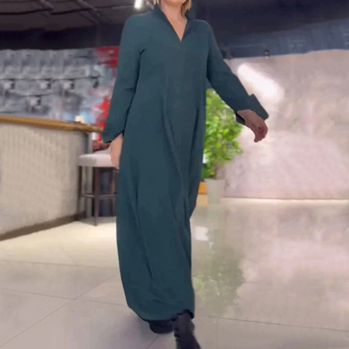 Damen nan fließendes Maxikleid mit V-Ausschnitt, kastiger A-Linie und langen Ärmeln Echo Archiv