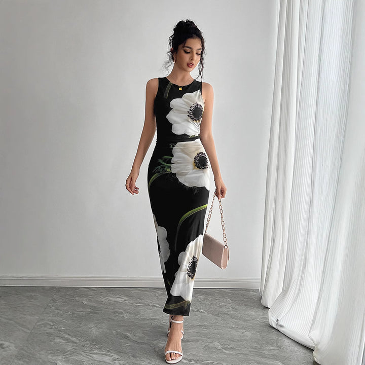 Damen nan figurbetontes ärmelloses Maxikleid mit fotorealistischem Blumenprint und taillierter Silhouette Echo Archiv