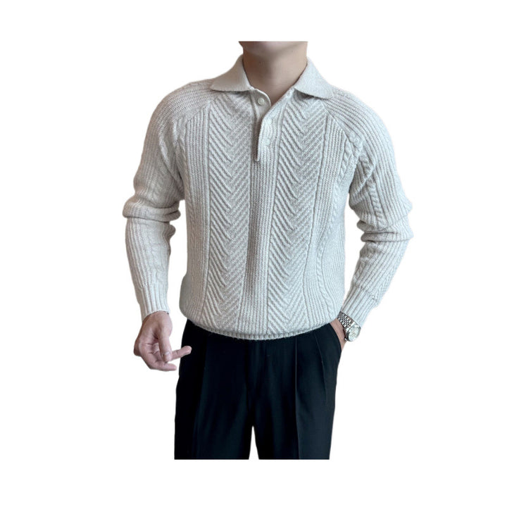 Herren Polokragen-Zopfstrick-Pullover mit halber Knopfleiste Echoarchiv