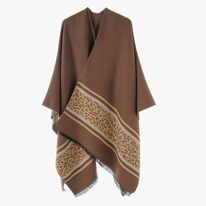 Damen Kimono-Cape im Wickelstil mit Animalbordüre und Fransenabschluss – Avérine
