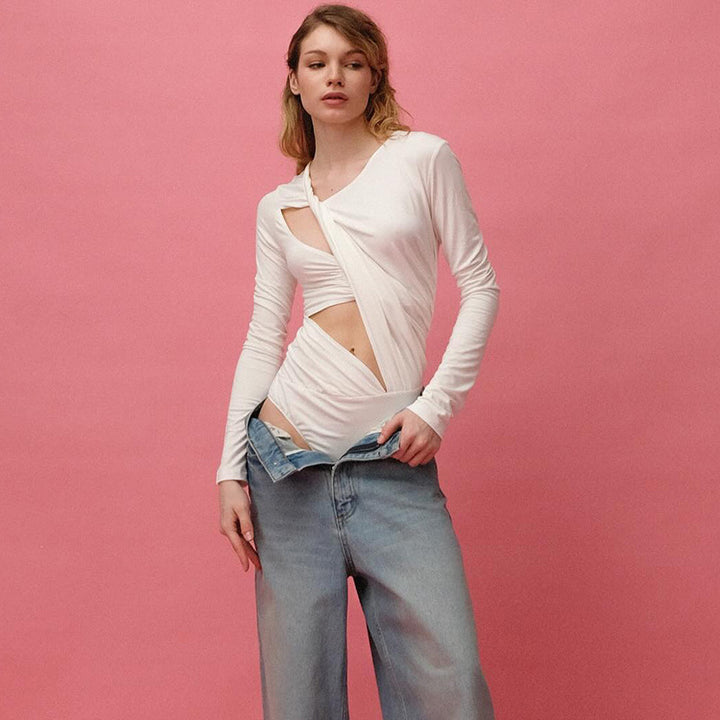 Damen Eleganter Longsleeve Bodysuit mit raffiniertem Drapierungsdesign Echo Archiv