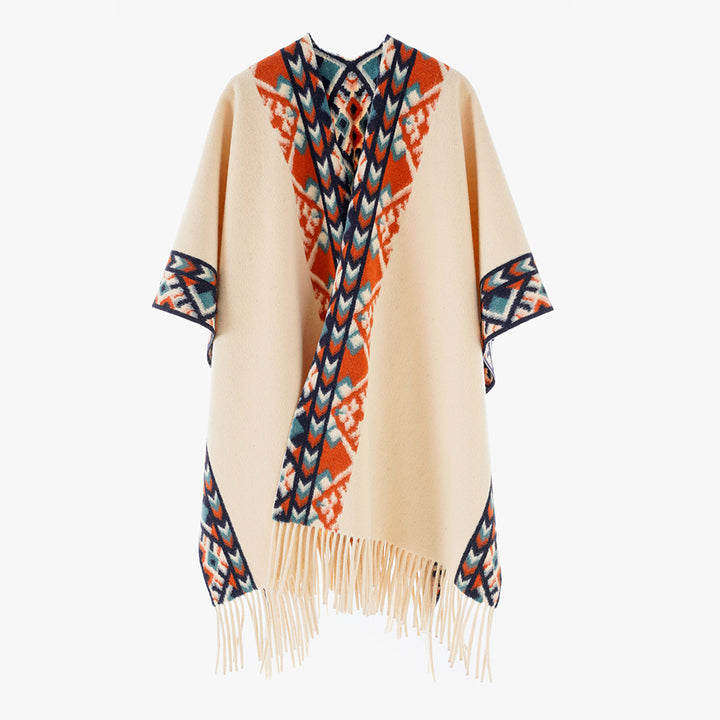 Damen Poncho‑Überwurf mit Ethno-Jacquard und Fransensaum Echo Archiv