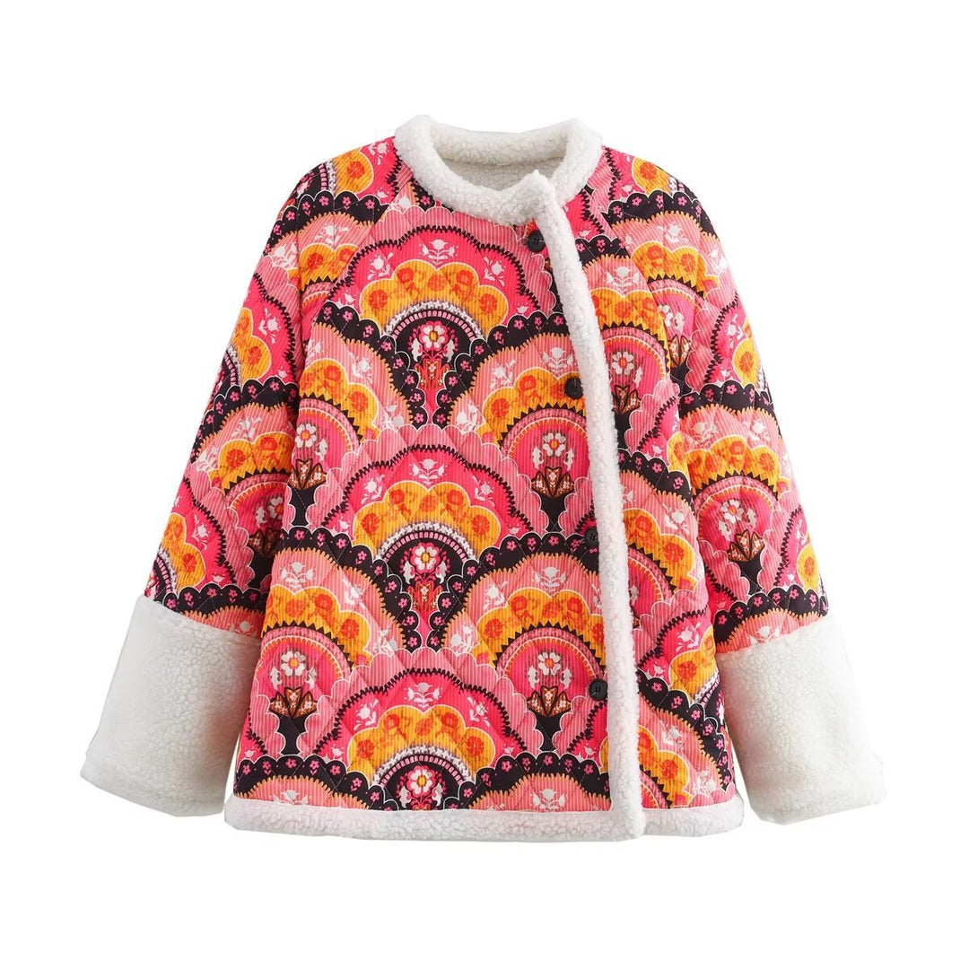 Damen gesteppte Kurzjacke mit Teddyfutter, Rundhalsausschnitt und Druckknopfverschluss – Célinea