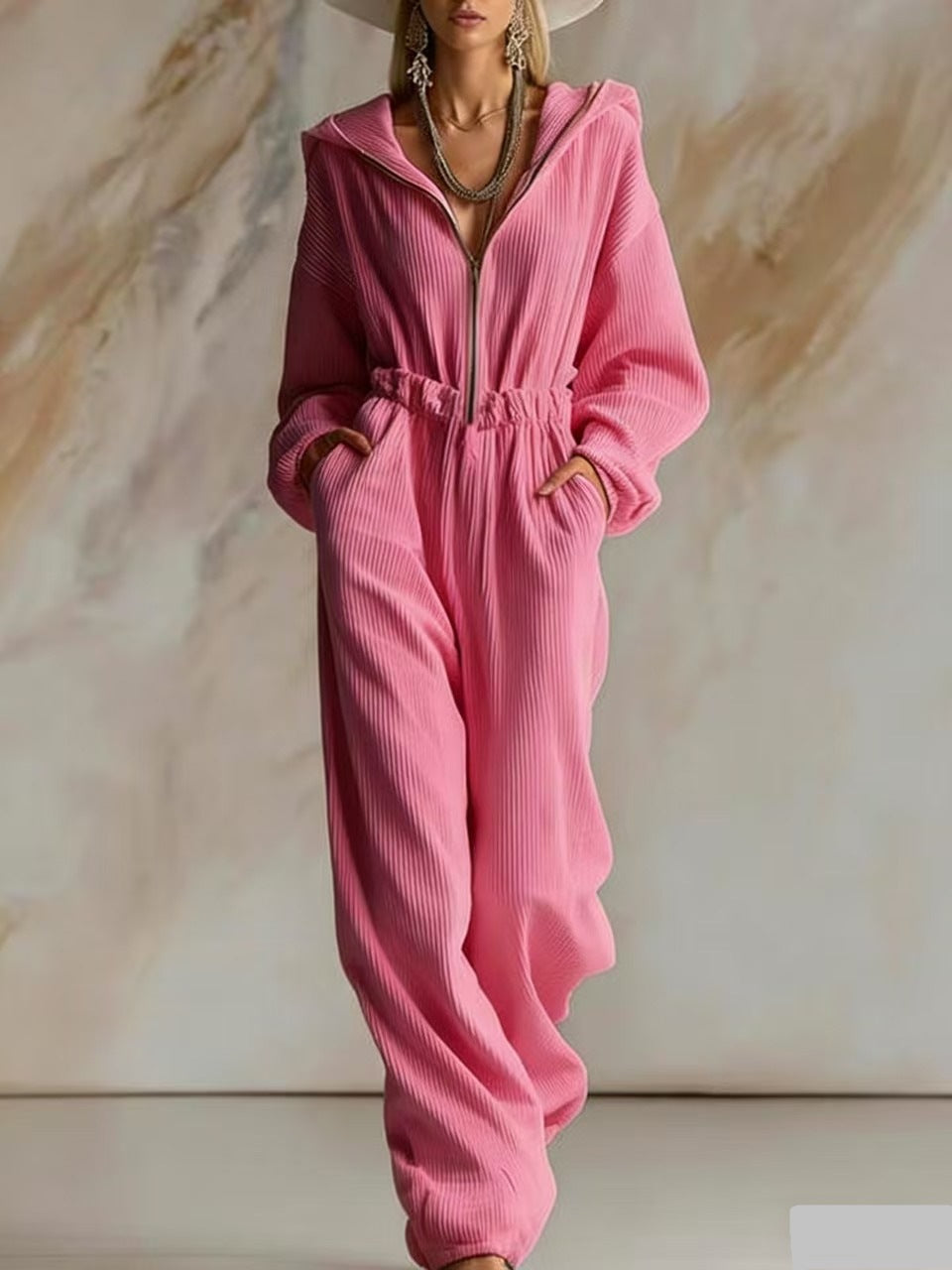 Damen Plissierter Kapuzen-Jumpsuit mit Reißverschluss und elastischer Taille – Solévia