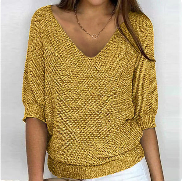 Damen nan lässiger Strickpullover mit V-Ausschnitt und Fledermausärmeln Echo Archiv