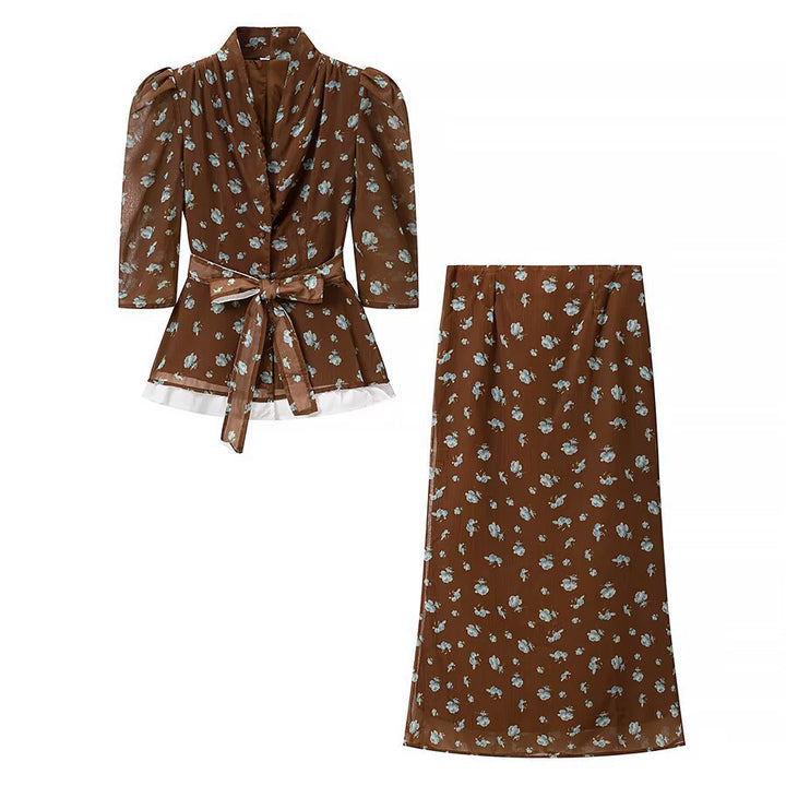 Damen Wickelblusen-Zweiteiler mit Schößchen und geradem Midirock aus chiffonähnlichem Material Echo Archiv