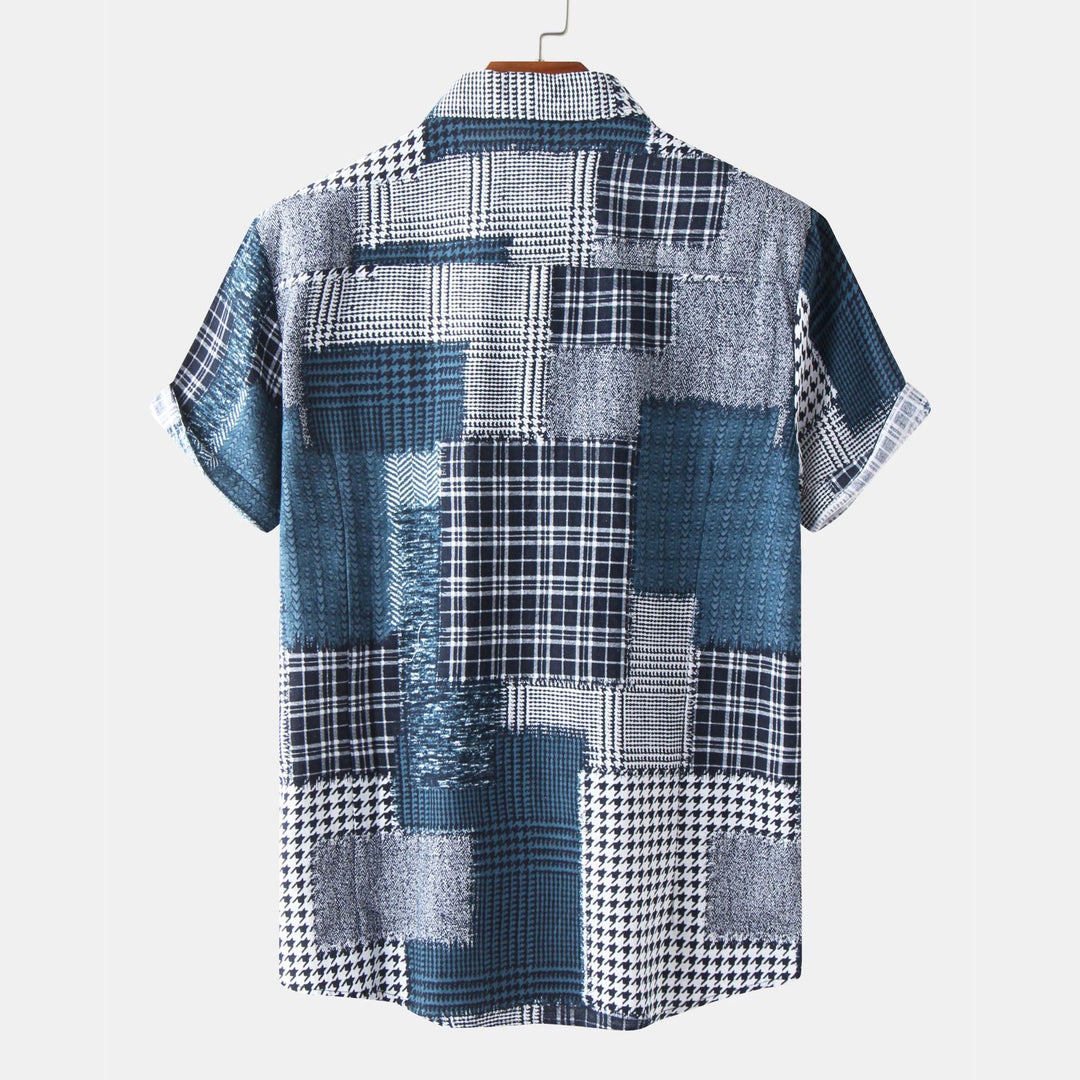 Herren Kurzarmhemd mit kreativem Patchwork-Design und strukturiertem Stoff Echoarchiv