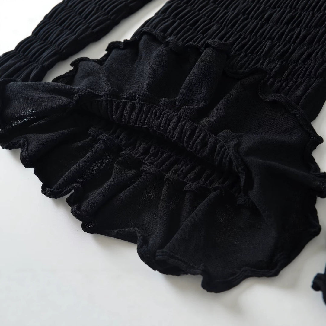 Damen Schulterfreies Smock-Top mit langen Ärmeln und Volant-Saum Echoarchiv