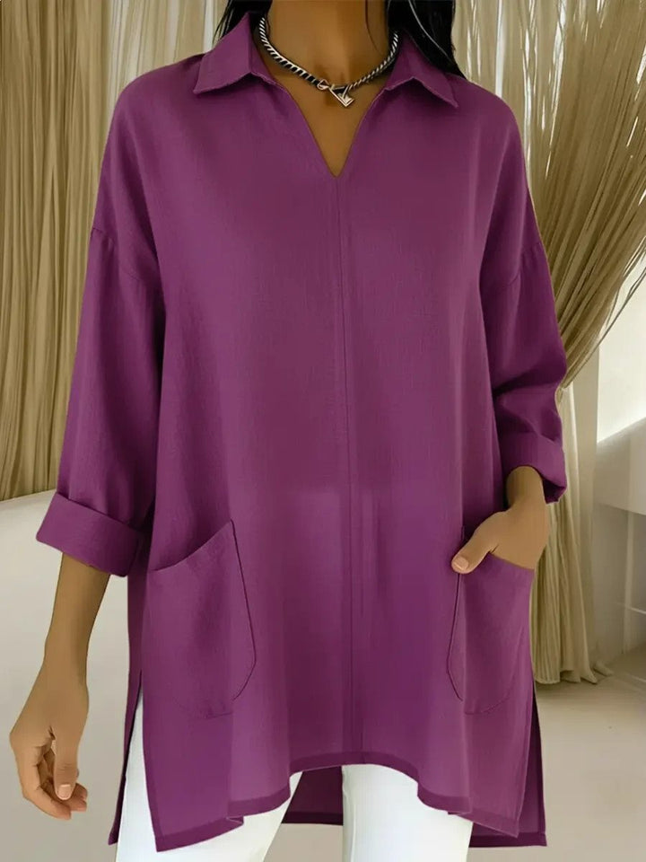 Damen Oversize-Tunika mit Hemdkragen, V-Ausschnitt und aufgesetzten Taschen Echo Archiv