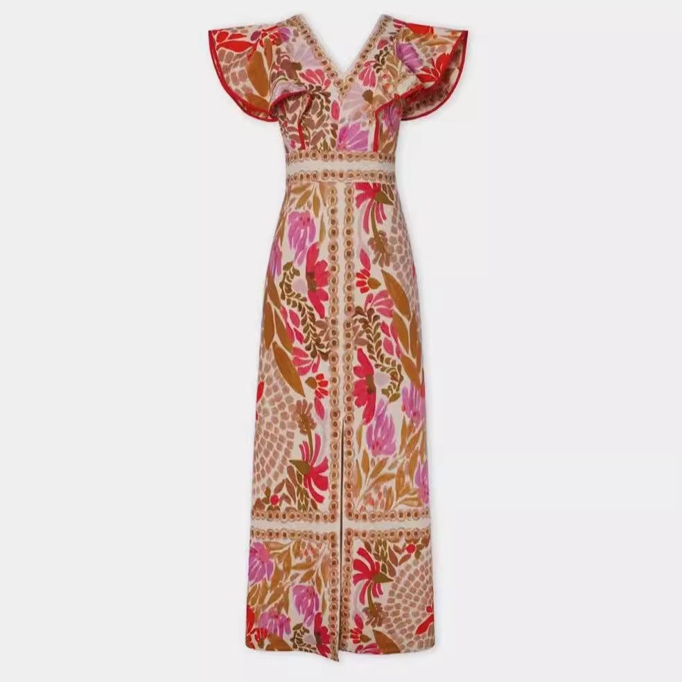 Damen Maxikleid mit farbenfrohem floralem Muster und Volantärmel Echo Archiv