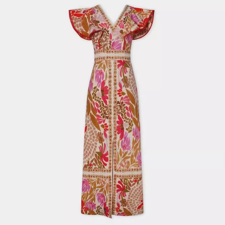 Damen Maxikleid mit farbenfrohem floralem Muster und Volantärmel Echo Archiv