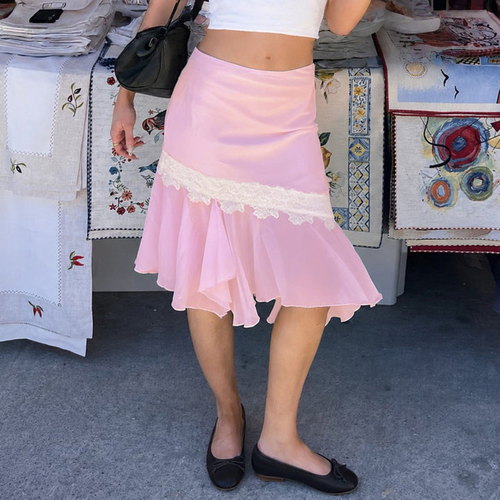 Damen Asymmetrischer Midirock mit Spitzenbesatz und Volantsaum Echo Archiv