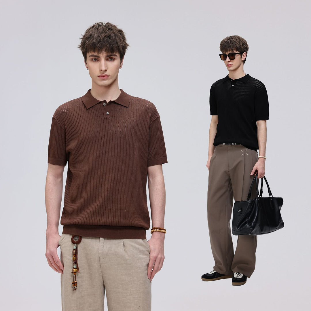 Herren Kurzarm-Feinstrick-Poloshirt mit Strukturstrick und luftiger Perforation Echo Archiv