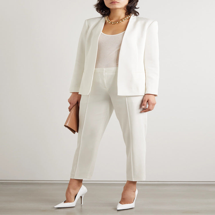 Damen Zweiteiliges Tailoring-Set aus Stretchkrepp mit offenem Longblazer und verkürzter Zigarettenhose Echoarchiv