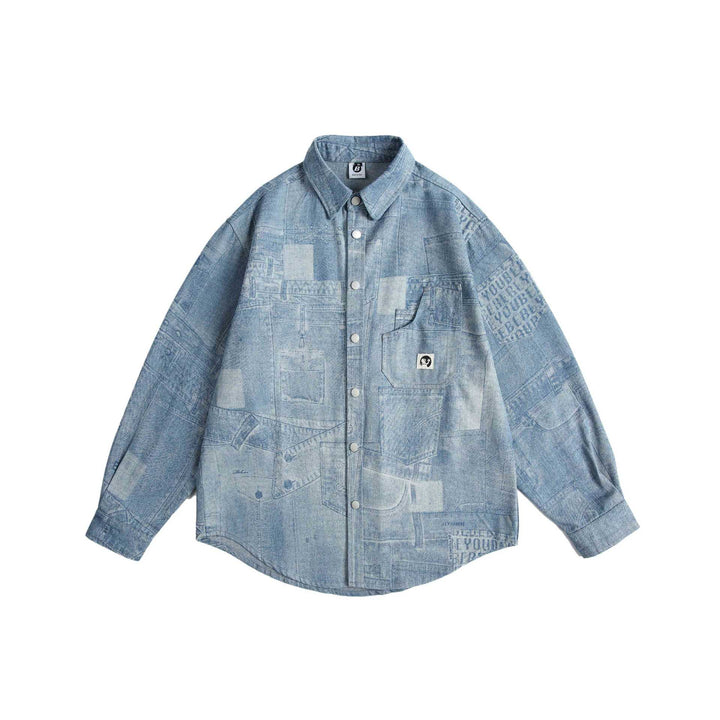 Unisex Oversize-Denim-Hemdjacke mit Patchwork-Print und Druckknopfblende Echoarchiv