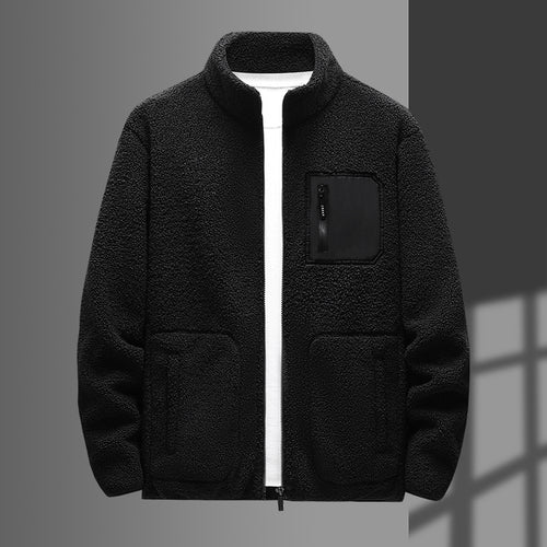 Männer wärmende Teddy-Fleece-Jacke mit Stehkragen, durchgehendem Reißverschluss und Brustreißverschlusstasche – Taviero