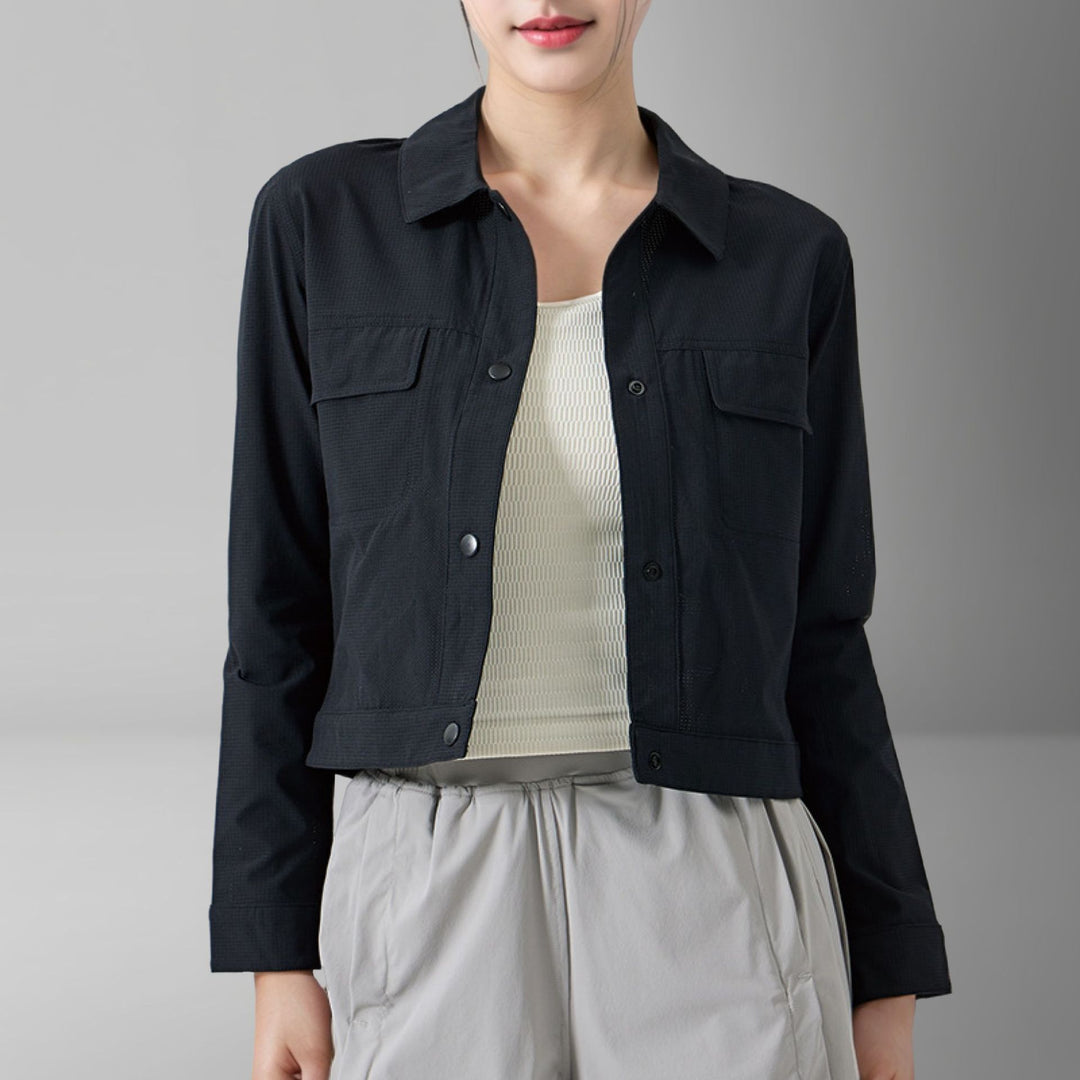 Damen Kurze Overshirt-Jacke aus strukturiertem Canvas mit Brusttaschen Echoarchiv