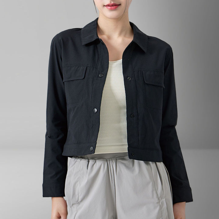 Damen Kurze Overshirt-Jacke aus strukturiertem Canvas mit Brusttaschen Echoarchiv