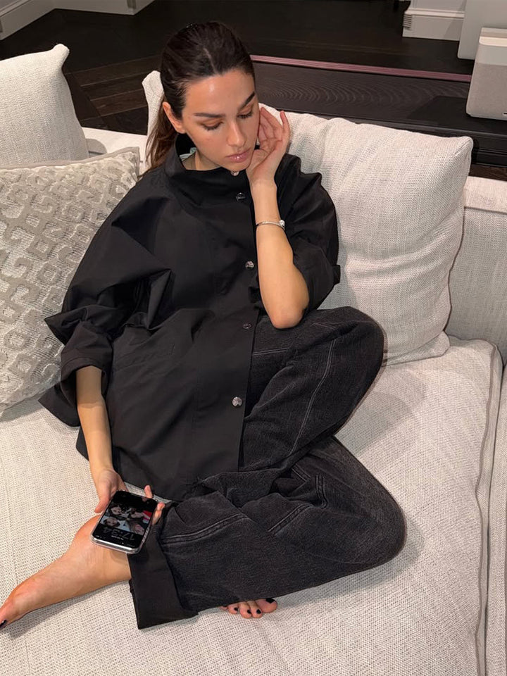 Damen Oversize-Hemdjacke mit Stehkragen, kastiger Silhouette und Druckknopf-Leiste Echoarchiv