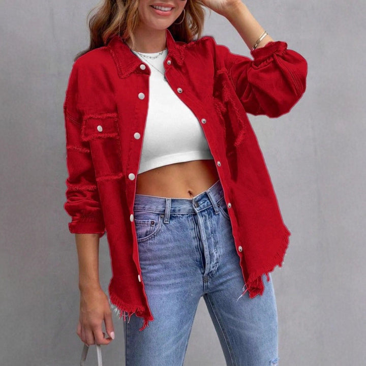 Damen Lässige Oversized-Denim-Hemdjacke mit Rohsaum und Pattentaschen Echo Archiv