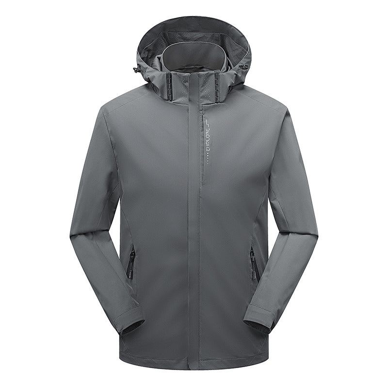 Herren leichter wasserdichter Softshell‑Hoodie mit Kapuze und Tarn‑Hex‑Alloverprint Echoarchiv