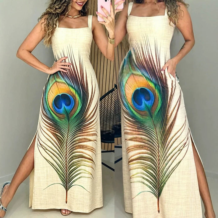 Damen Maxikleid mit grafischem Pfauenfeder-Druck und praktischen Seitentaschen Echo Archiv