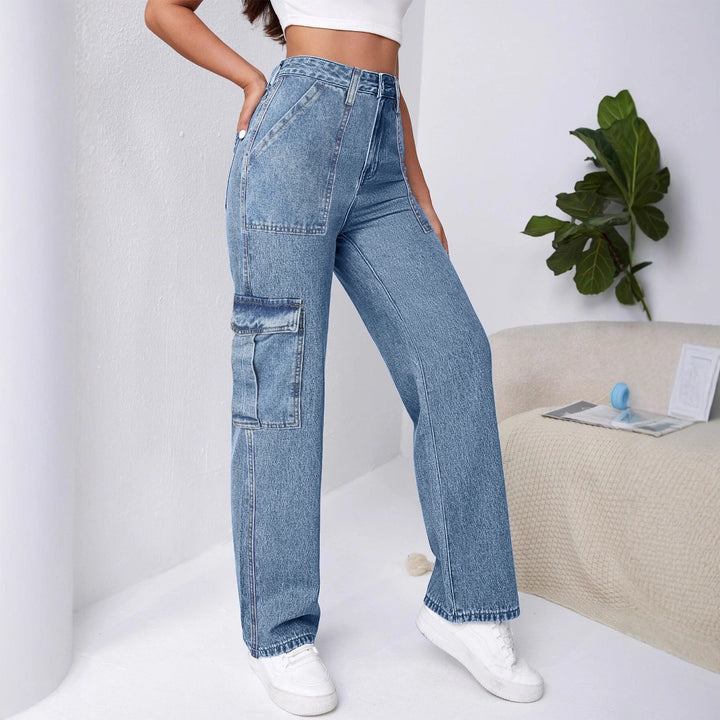 Damen Hochtaillierte Cargo-Weite-Jeans mit aufgesetzten Taschen und elastischem Saum Echo Archiv
