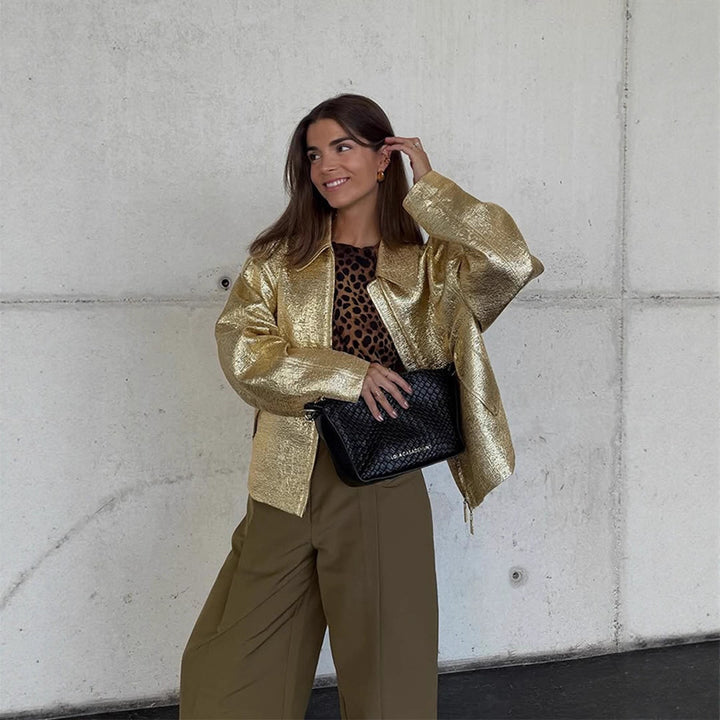 Damen Kurze strukturierte Metallic-Bomberjacke mit Boxy‑Silhouette Echoarchiv