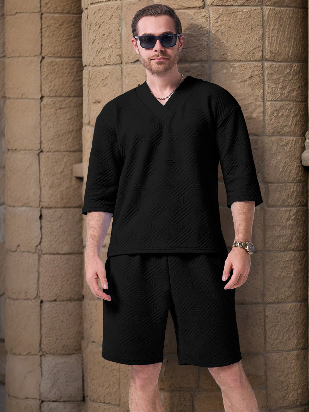 Herren lässiges Kurzarmshirt und Shorts-Set mit strukturiertem Design Echoarchiv