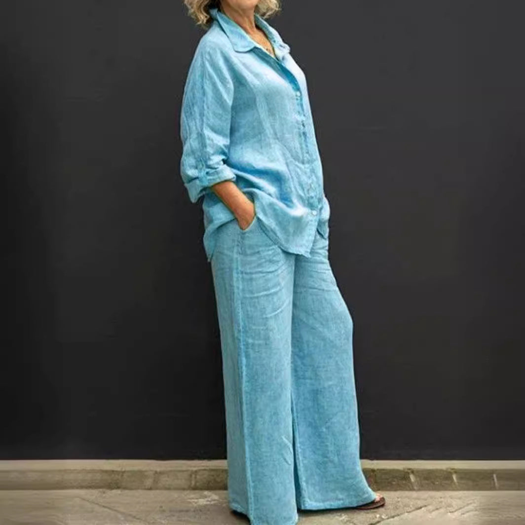 Damen Relaxed-Buttondown-Hemd und High-Waist-Palazzo im Leinenoptik Echo Archiv