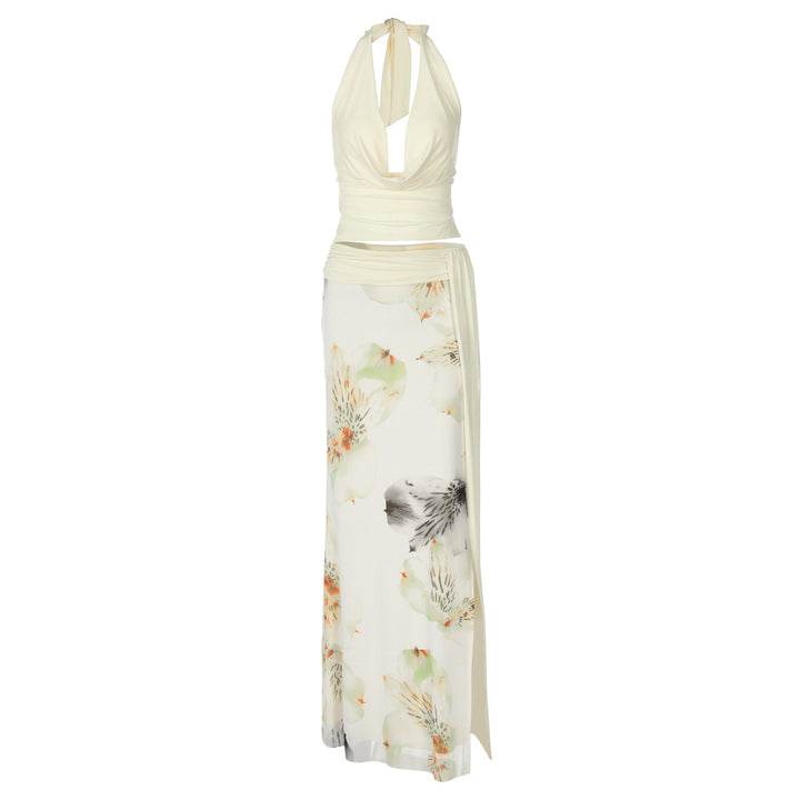 Damen Elegantes Maxikleid mit floralem Halterdesign und seitlichem Schlitz Echo Archiv