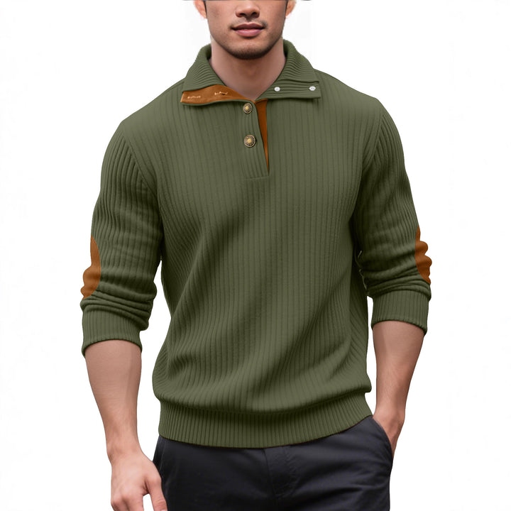 Herren nan Rippstrick-Halbknopf-Pullover mit Kentkragen und Lederbesatz Echo Archiv