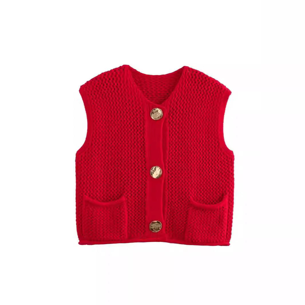 Damen gehäkelte Strickweste mit großen Zierknöpfen und Aufsatztaschen – Veloura