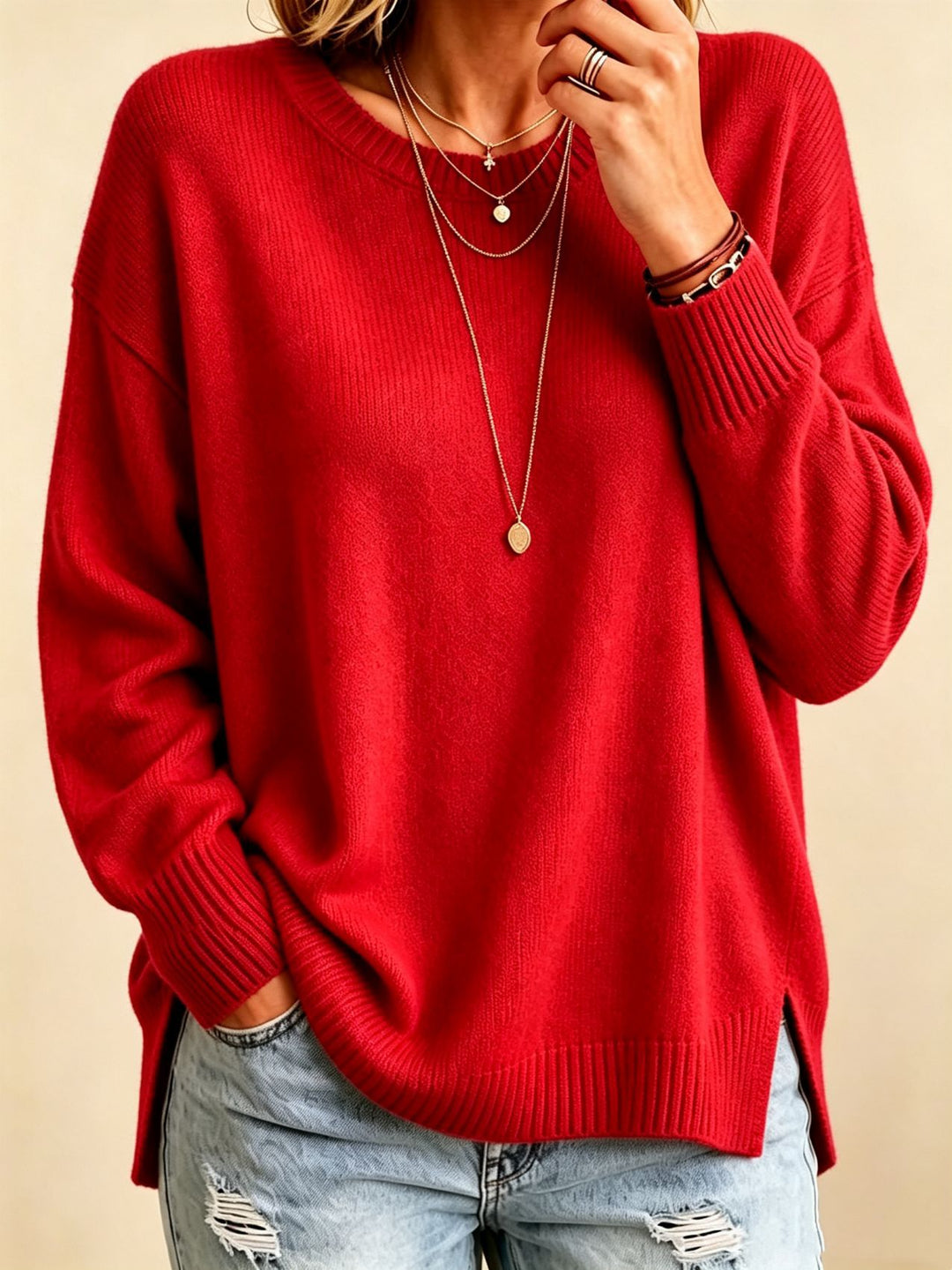 Damen Locker geschnittener Rundhals-Feinstrickpullover mit Seitenschlitzen und gerippten Bündchen – Mavelle