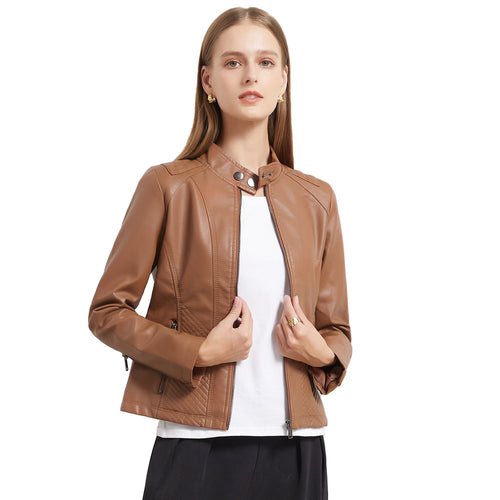 Damen nan taillierte Kunstlederjacke im Bikerstil mit Stehkragen und gesteppter Seitenpartie Echo Archiv