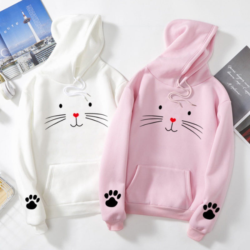 Damen Kapuzenpullover mit gedrucktem Katzenmotiv, Kängurutasche und Pfotenapplikationen – Auréline