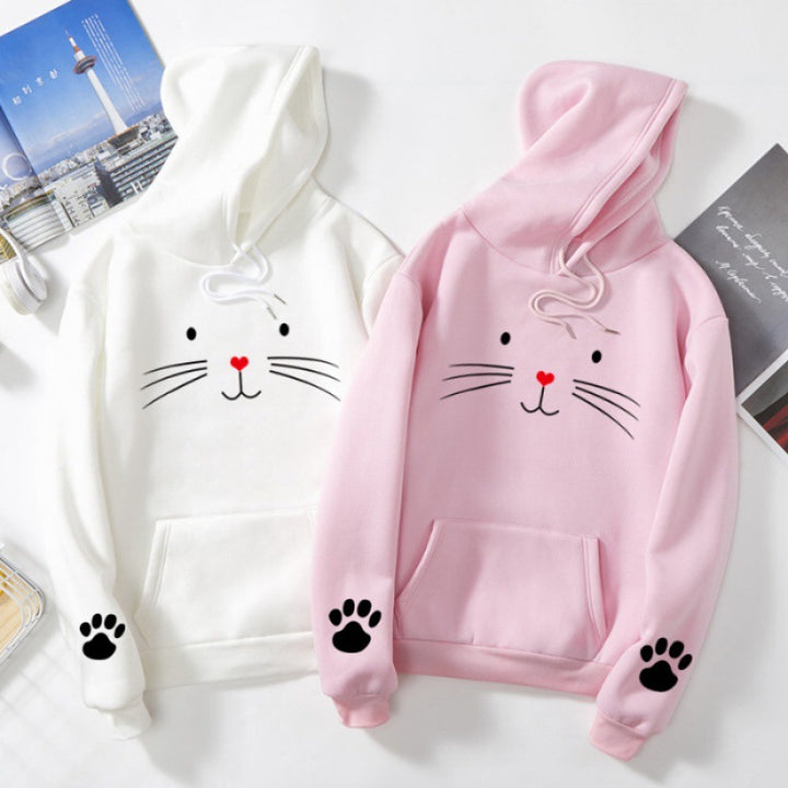 Damen Kapuzenpullover mit gedrucktem Katzenmotiv, Kängurutasche und Pfotenapplikationen – Auréline