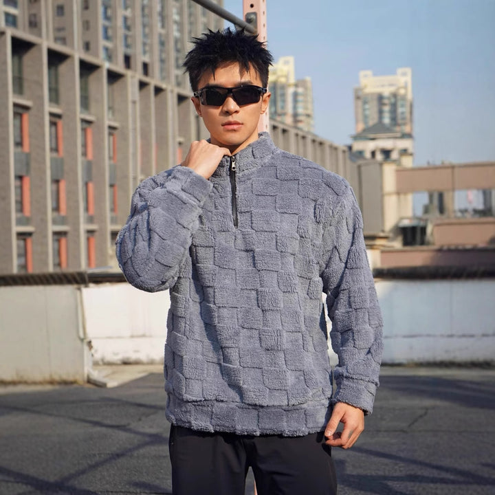 Herren Fleece-Pullover mit strukturierter Oberflächenstruktur und stehender Kragen Echoarchiv