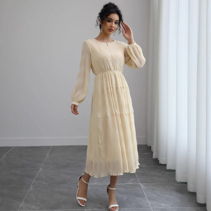 Damen Midikleid aus Crêpe mit Stufenrock, geraffter Taille und Ballonärmeln – Élara