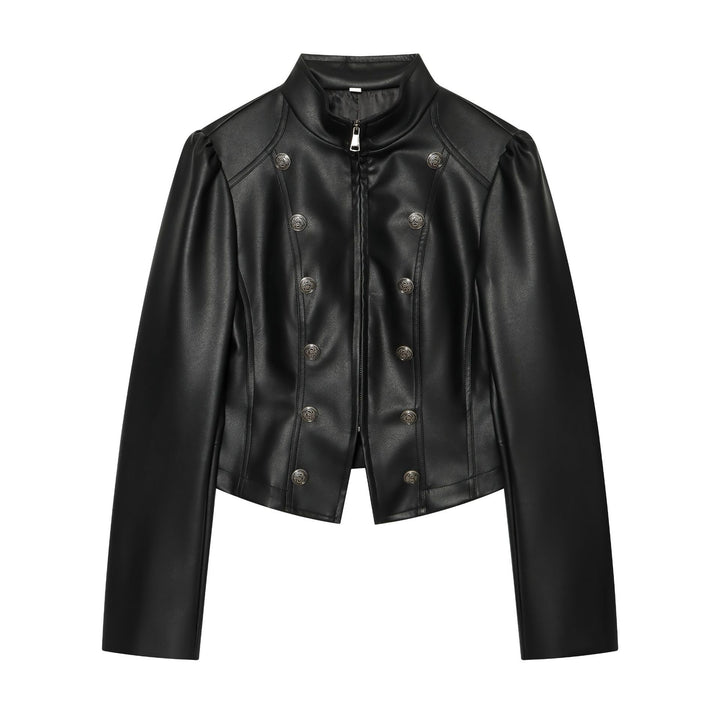 Damen kurzes Kunstleder-Doppelreihenjacke mit Stehkragen und Puffärmeln – Célinea
