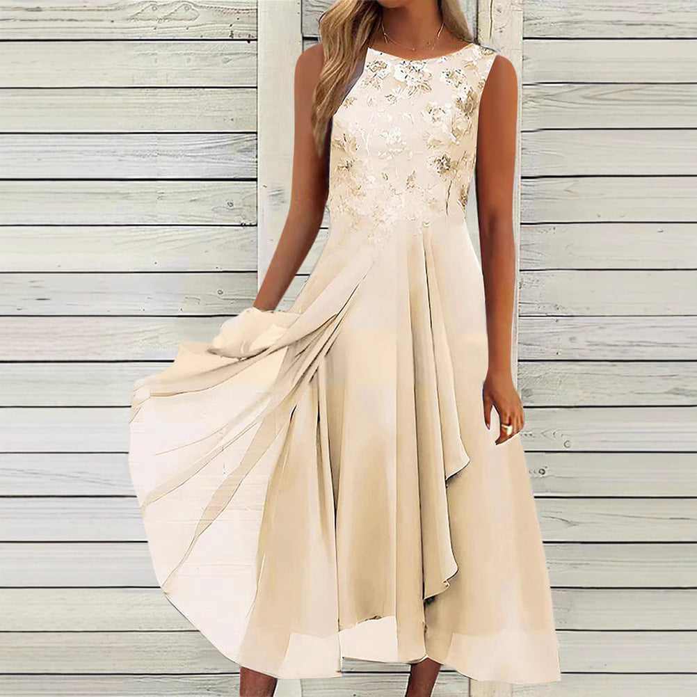 Damen nan ärmelloses Chiffon-Midikleid mit bestickter Brustpartie und asymmetrischem Lagenrock Echoarchiv