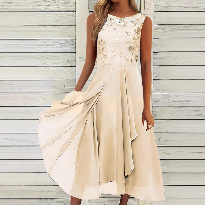 Damen nan ärmelloses Chiffon-Midikleid mit bestickter Brustpartie und asymmetrischem Lagenrock Echoarchiv