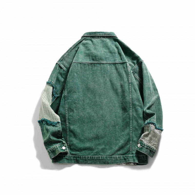 Unisex Oversize Jeansjacke mit Patchwork-Strickeinsätzen und Used-Optik Echo Archiv