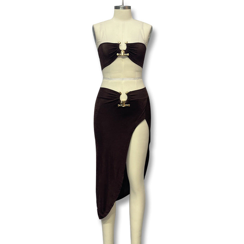 Damen Stylisches Bandeau-Top und Maxi-Rock Set mit hohem Schlitz und eleganten Details Echo Archiv