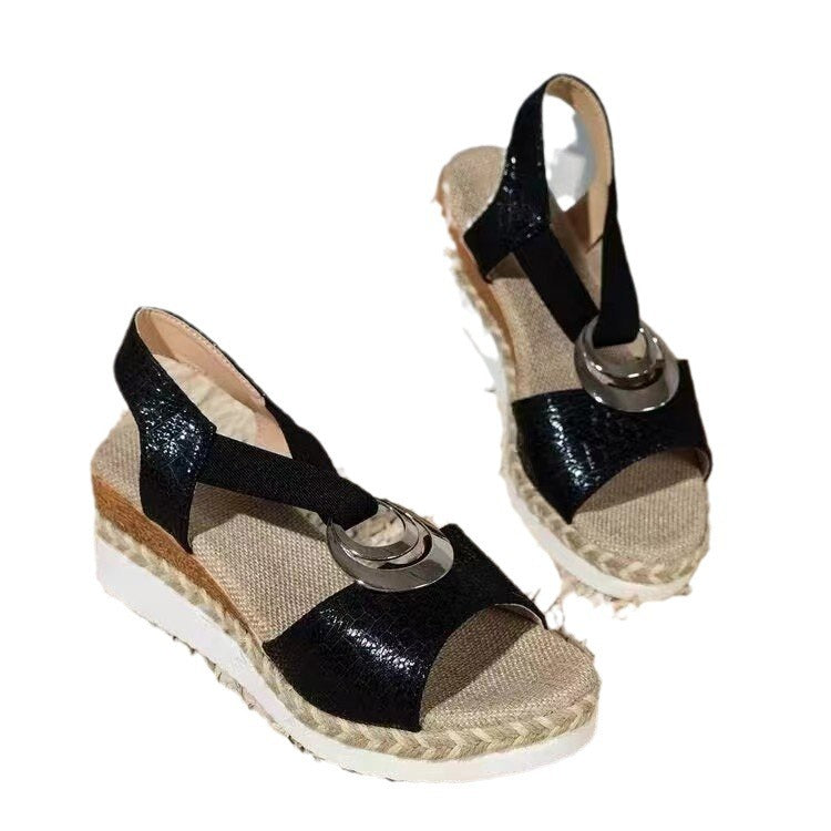 Damen Keil‑Sandalen mit Bast‑Plateau, elastischem Fersenriemen und Zier‑Metallornament Echo Archiv
