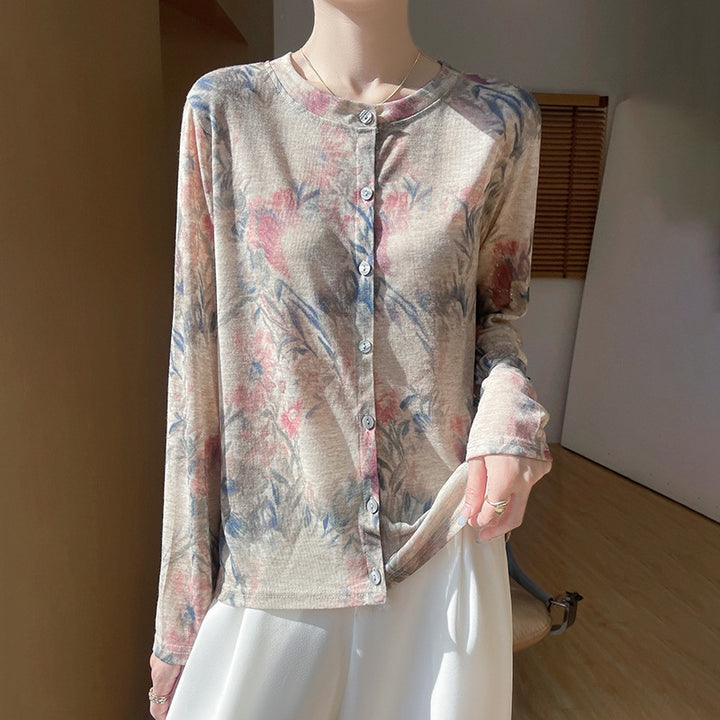 Damen Leichter Aquarell‑Print Feinstrick‑Cardigan mit Rundhalsausschnitt und Knopfleiste Echoarchiv