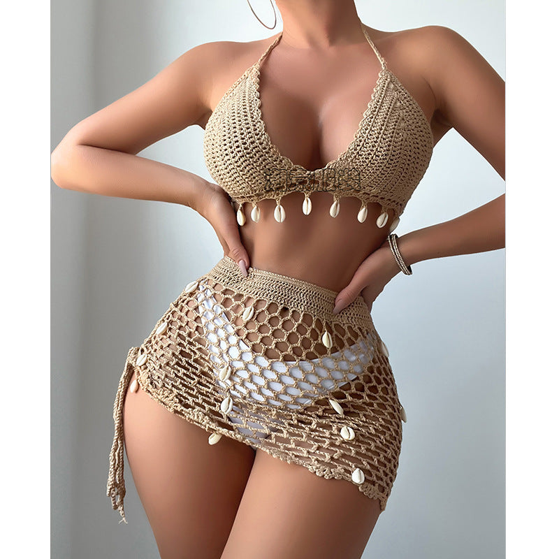 Damen Häkel-Bikini-Set mit Muschelverzierung und transparentem Rock Echo Archiv