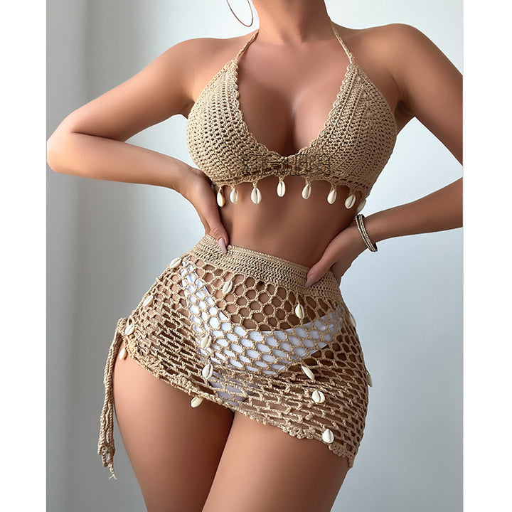 Damen Häkel-Bikini-Set mit Muschelverzierung und transparentem Rock Echo Archiv